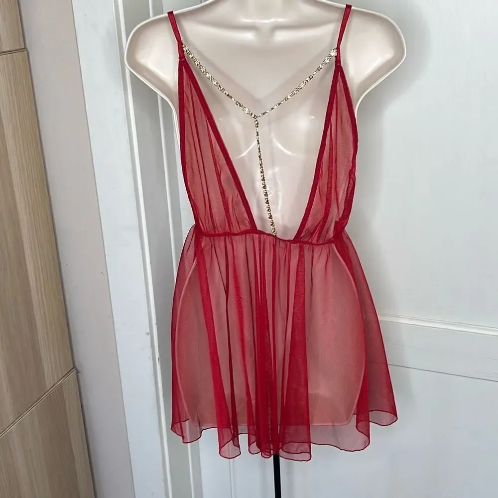 Red Garnet Mesh & Gold Chain Babydoll & G-String Small New